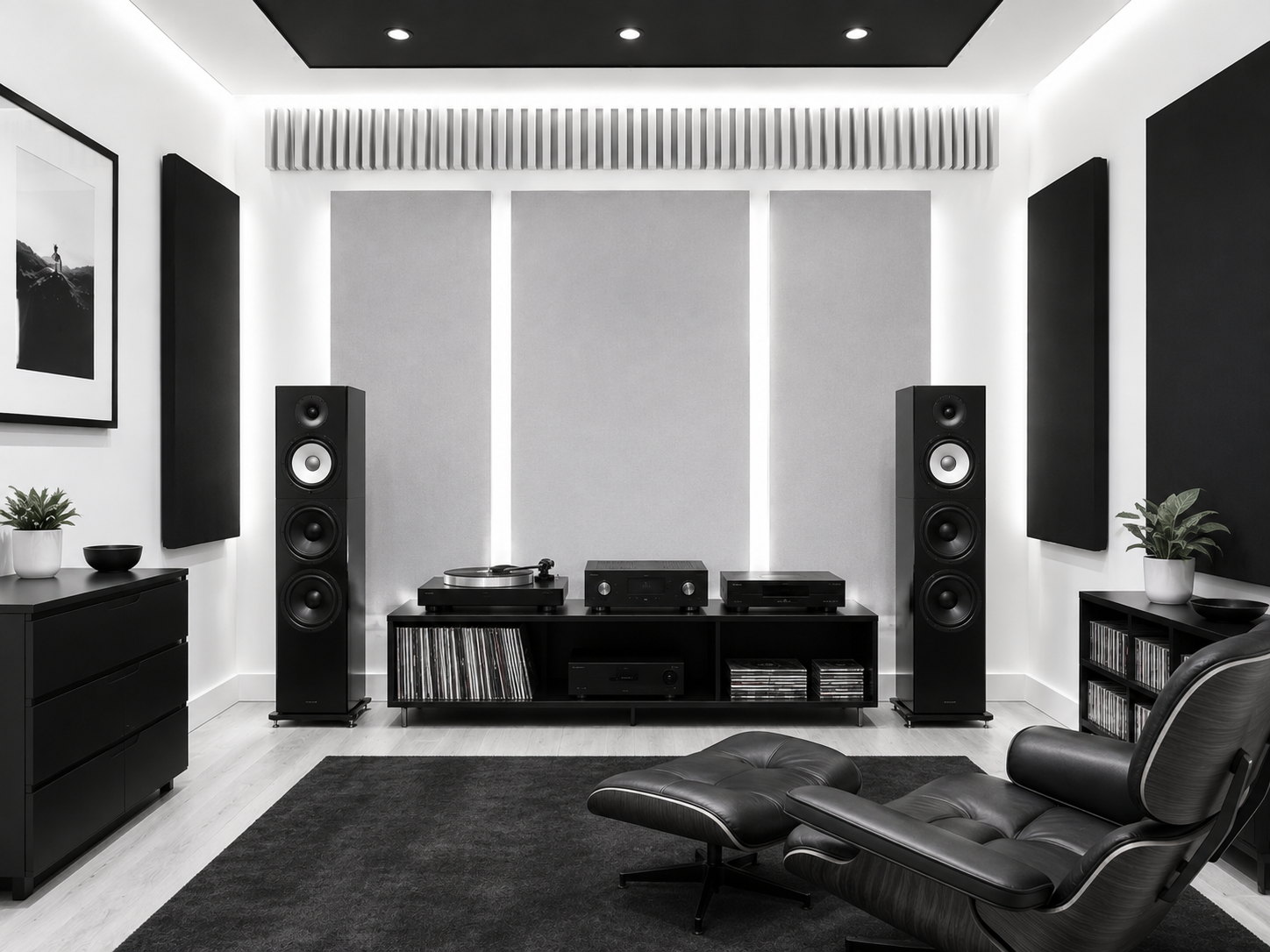 A monochrome high-fidelity listening room with floor-standing speakers, turntable, vinyl, and a lounge chair.